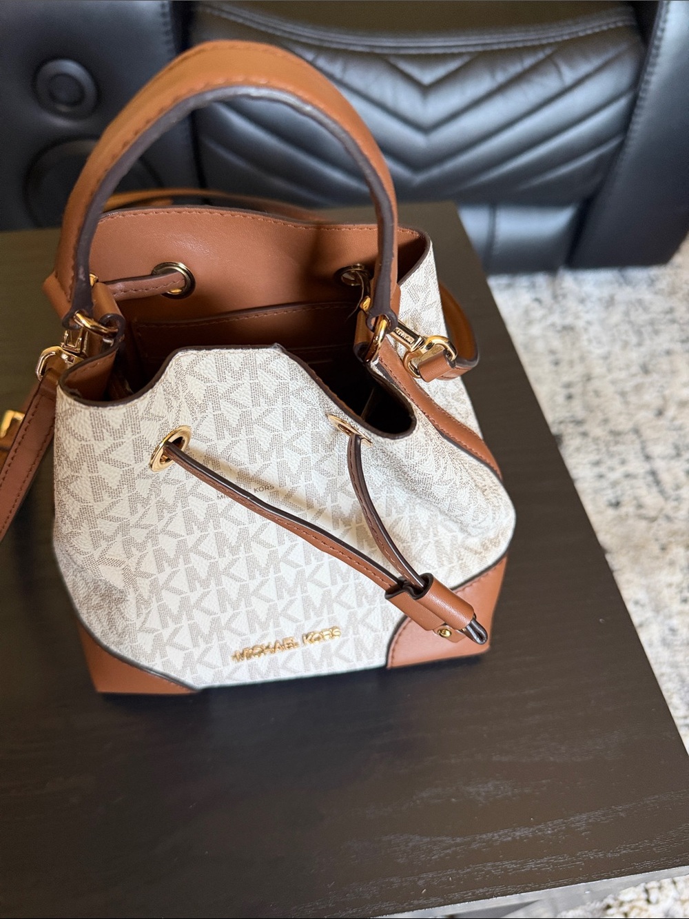 Michael Kors Beige/Vanilla and Brown Logo Drawstring Bucket Bag